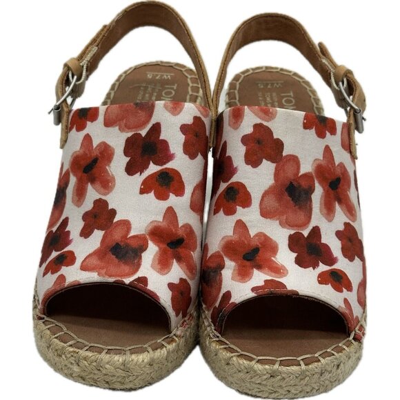 TOMS Sandals Womens 8 Monica Poppy Casual Slingback Wedge Red Floral 10013451 - Picture 1 of 8